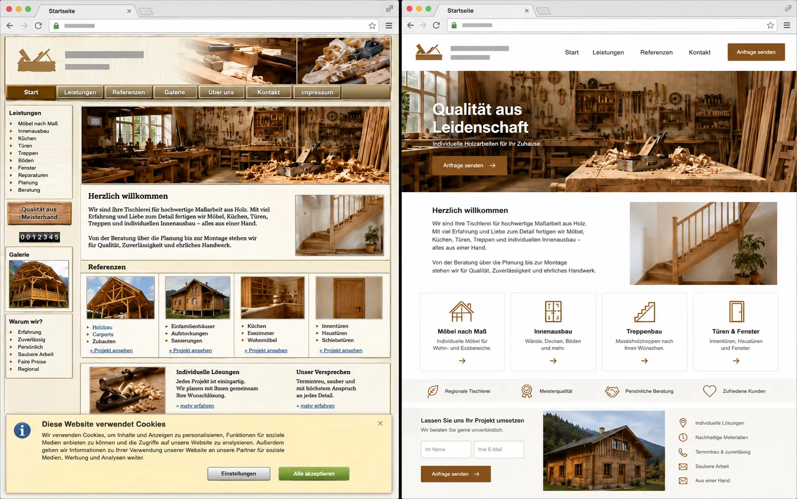 Website-Relaunch einer Tischlerei am Desktop — links die veraltete Seite mit Cookie-Banner, rechts der saubere Neuaufbau