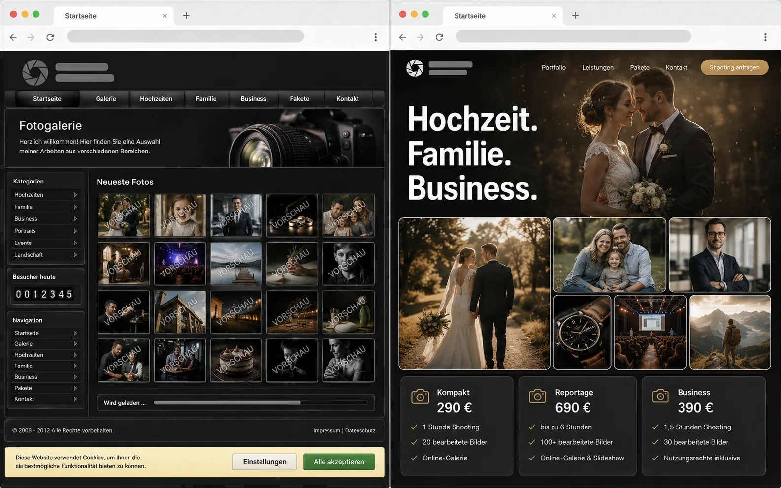Website-Relaunch eines Fotostudios — links die veraltete Galerie-Seite, rechts das moderne Portfolio mit Paketen und Preisen