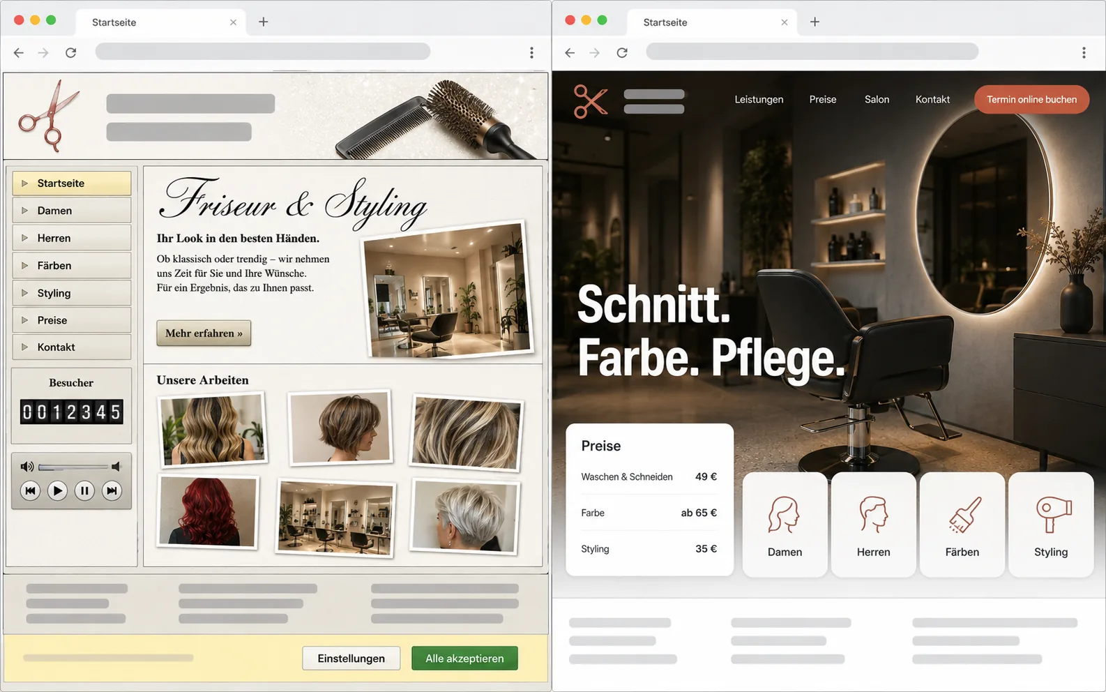 Website-Relaunch eines Friseursalons — links die veraltete Seite, rechts der moderne Neuaufbau mit Preisliste und Online-Terminbuchung