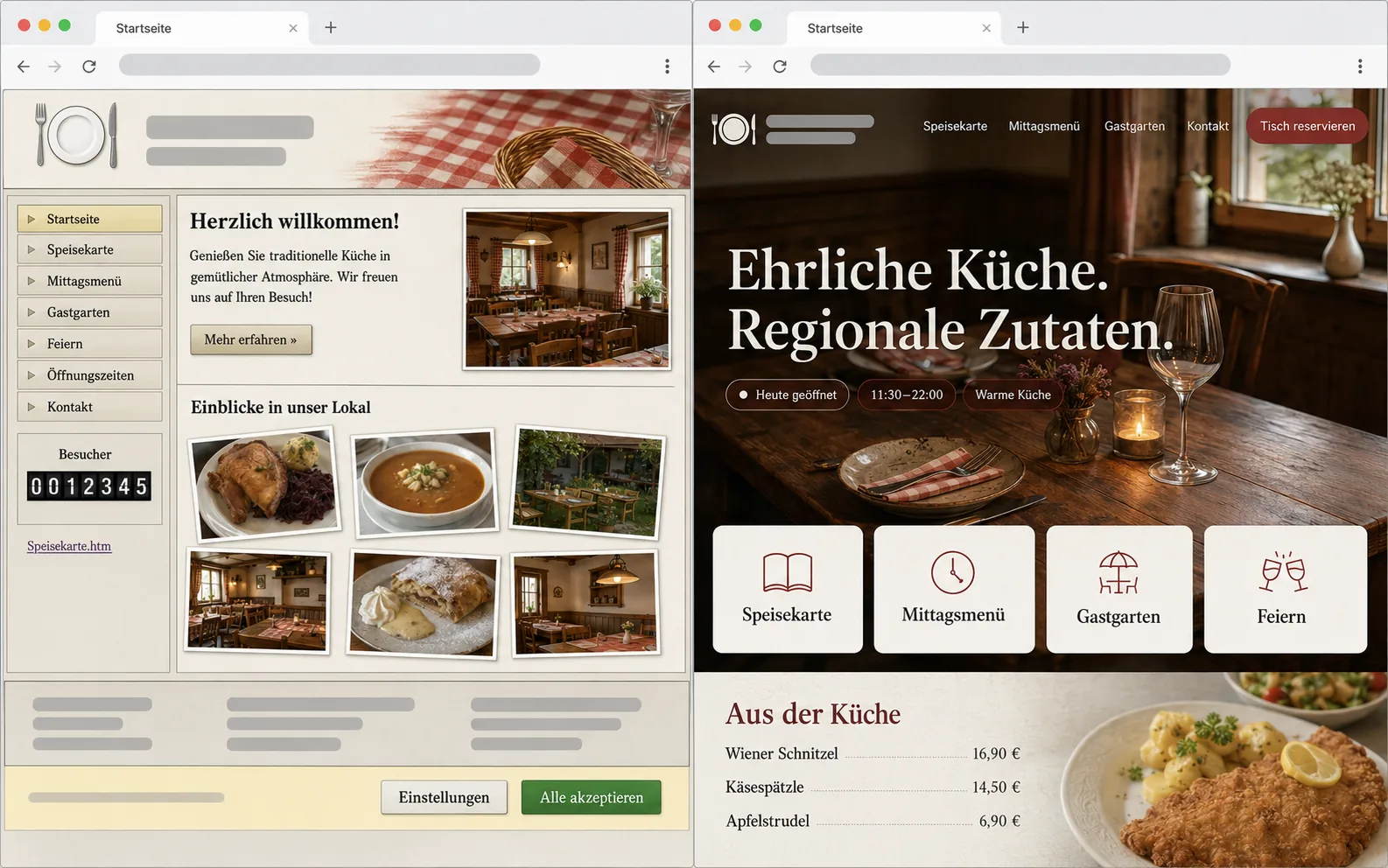 Website-Relaunch eines Gasthauses — links die veraltete Seite mit PDF-Speisekarte, rechts der moderne Neuaufbau mit Speisekarte und Reservierung