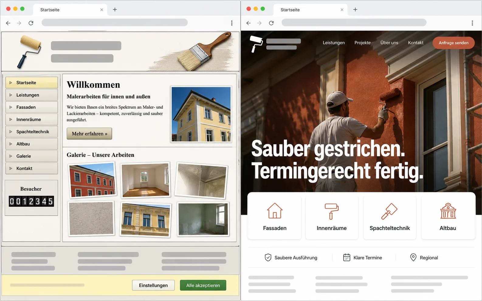 Website-Relaunch eines Malerbetriebs — links die veraltete Seite mit Cookie-Banner und Besucherzähler, rechts der moderne Neuaufbau