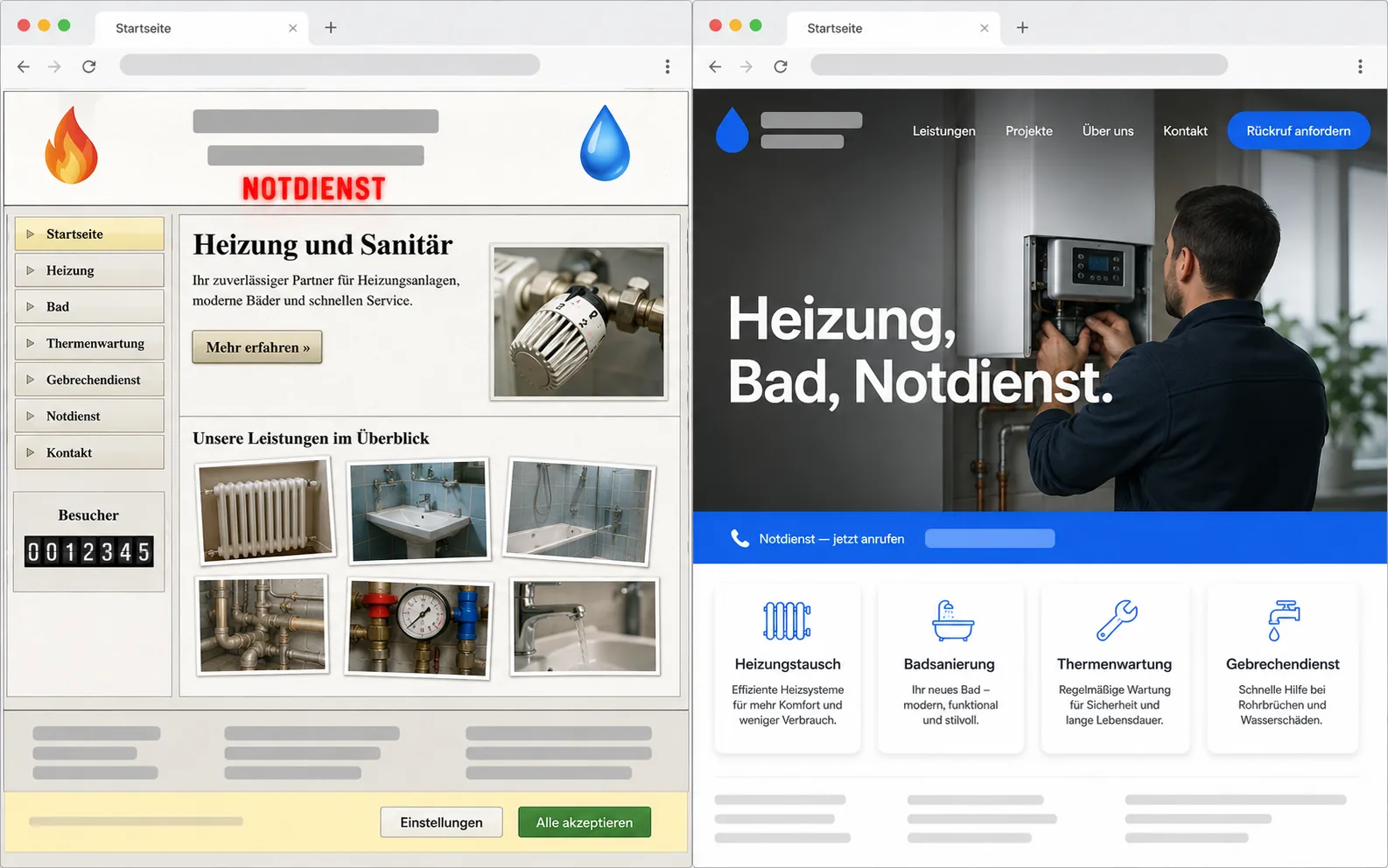 Website-Relaunch eines Installateurbetriebs — links die veraltete Seite, rechts der moderne Neuaufbau mit Notdienst-Leiste