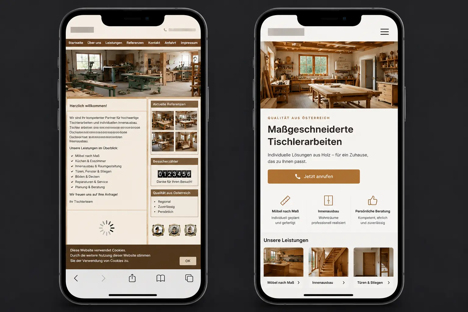 Website-Relaunch einer Tischlerei am Handy — links die gequetschte Desktop-Seite, rechts das saubere mobile Layout