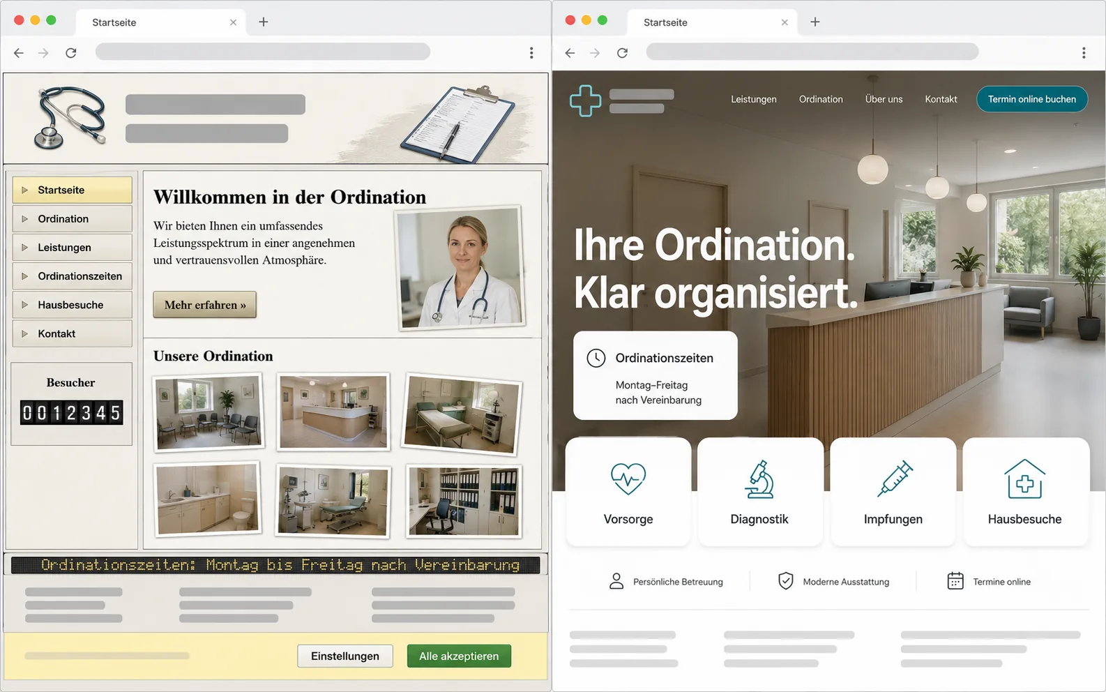 Website-Relaunch einer Ordination — links die veraltete Seite mit Laufschrift, rechts der moderne Neuaufbau mit Ordinationszeiten und Online-Termin