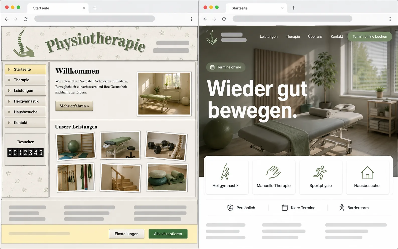 Website-Relaunch einer Physiotherapie-Praxis — links die veraltete Seite, rechts der moderne Neuaufbau mit Online-Terminbuchung