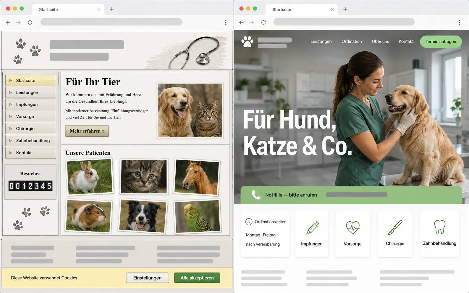 Website-Relaunch einer Tierarztpraxis — links die veraltete Seite, rechts der moderne Neuaufbau mit Notfall-Hinweis und Terminanfrage