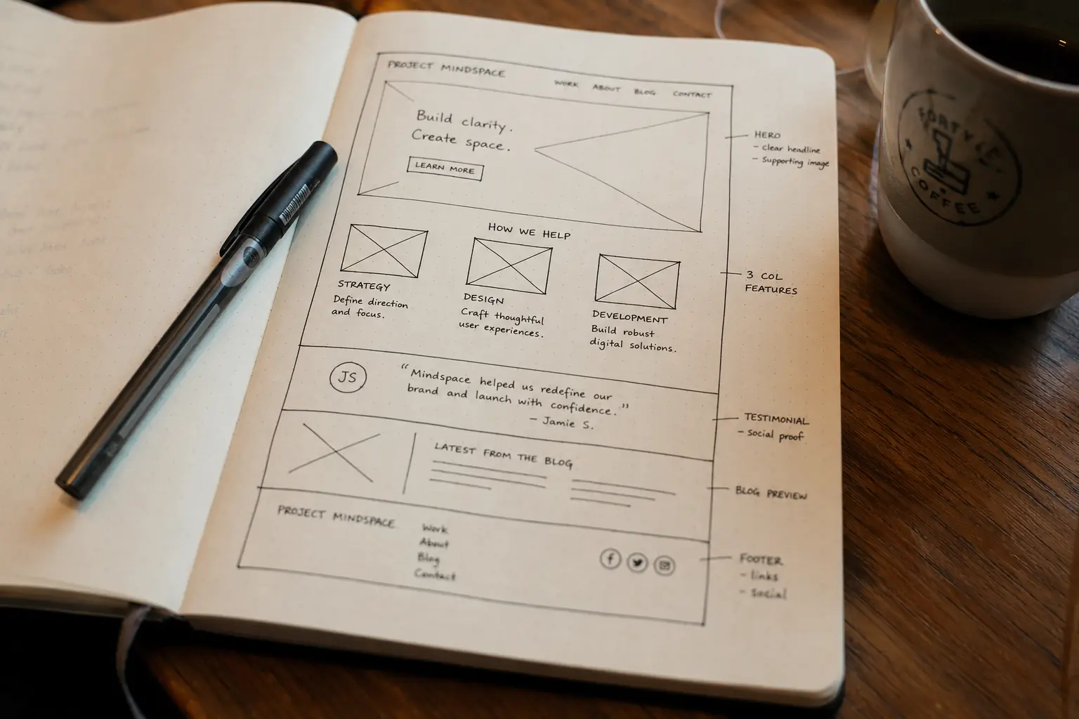 Handgezeichnetes Wireframe im Notizbuch — Struktur und Inhalt vor dem Design