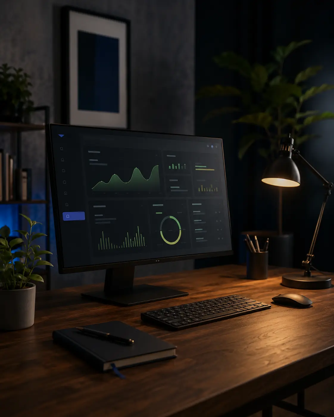 Der Arbeitsplatz im site-werk Studio — Monitor mit Performance-Dashboard